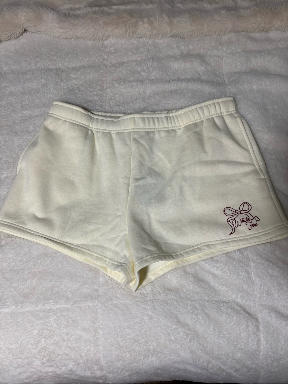 White Fox Boutique Cream Love You Forever Lounge Shorts Fall Embroidered Bow